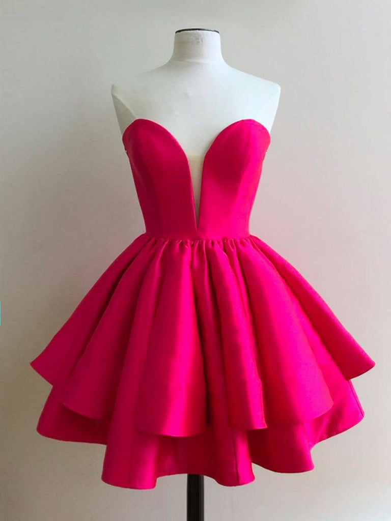 Sweetheart Neck Hot Pink Short Strapless Homecoming Dress,Cute Hot Pink Short Prom Dress