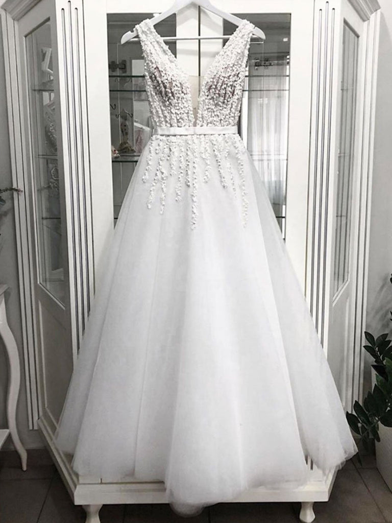 White V  Neck Tulle Tea Length Prom Dress,White V  Neck Tulle Tea Length Formal Evening Dress