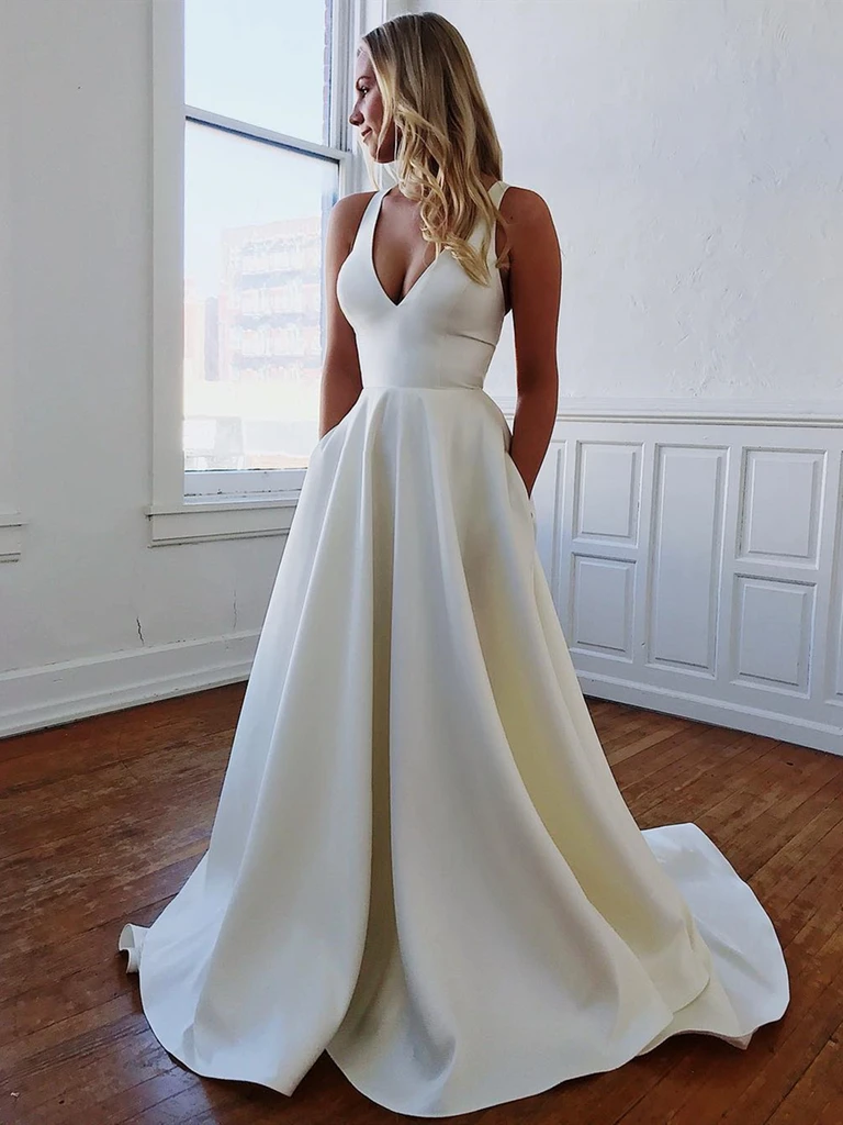 Simple V Neck White Satin Long Prom Dresses, V Neck White Satin Long F morievent Simple V Neck White Satin Long Prom Dresses, V Neck White Satin Long F morievent