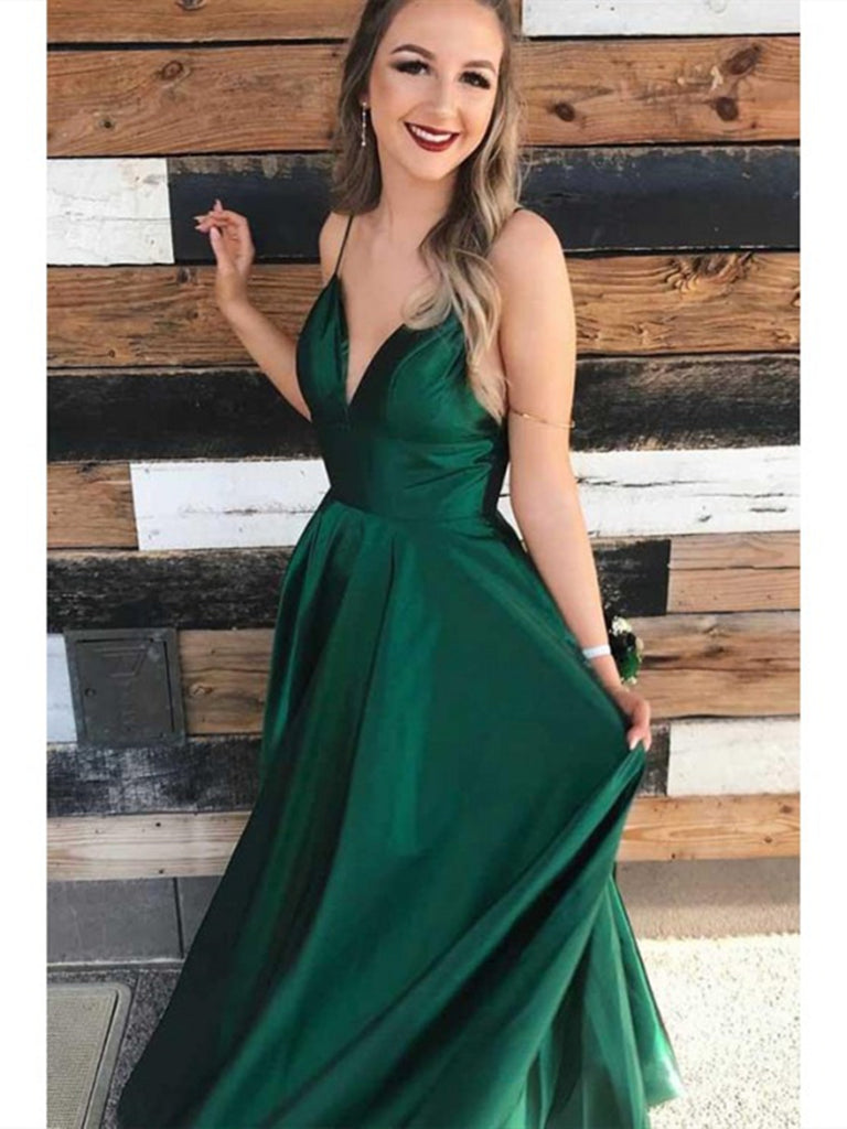 V Neck A Line Spaghetti Straps Satin Long  Prom Dress with Pockets, Emerald Green Satin Long Formal Evening Dresses