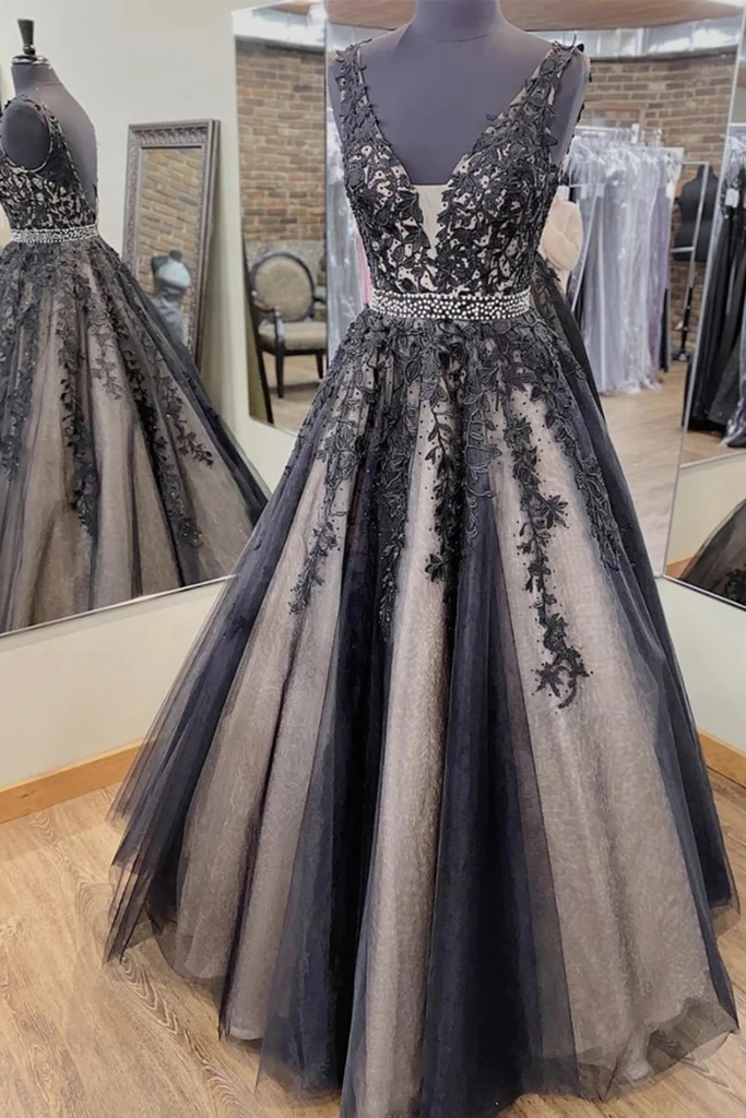 V Neck Backless Black Lace Long Prom Dresses, Black Lace Formal Dresse morievent V Neck Backless Black Lace Long Prom Dresses, Black Lace Formal Dresse morievent