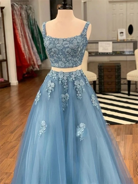 Two Piece Blue Lace Long Prom Dresses, 2 Piece Blue Lace Formal Evening Dresses