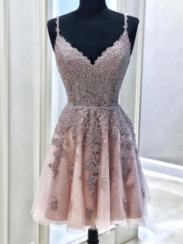 A Line V Neck Cute Tulle Lace Short Prom Dresses, Lace Short Homecoming Dresses
