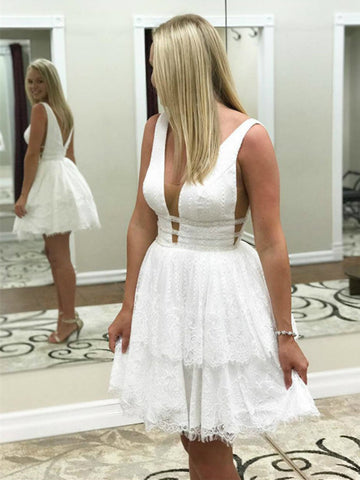 A line white short prom dresses, White short formal graduation homecoming dresses