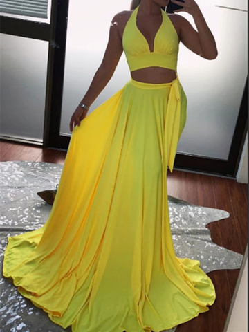 Simple Yellow Two Pieces Long Prom Dress, Yellow 2 Pieces Long Formal Evening Graduation Dress