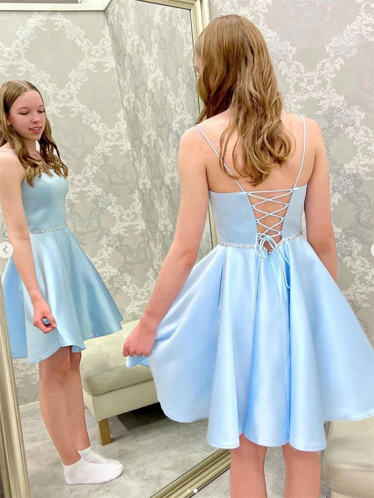Simple A Line Blue Satin Backless Beads Short Prom Dresses, Short Blue morievent Simple A Line Blue Satin Backless Beads Short Prom Dresses, Short Blue morievent