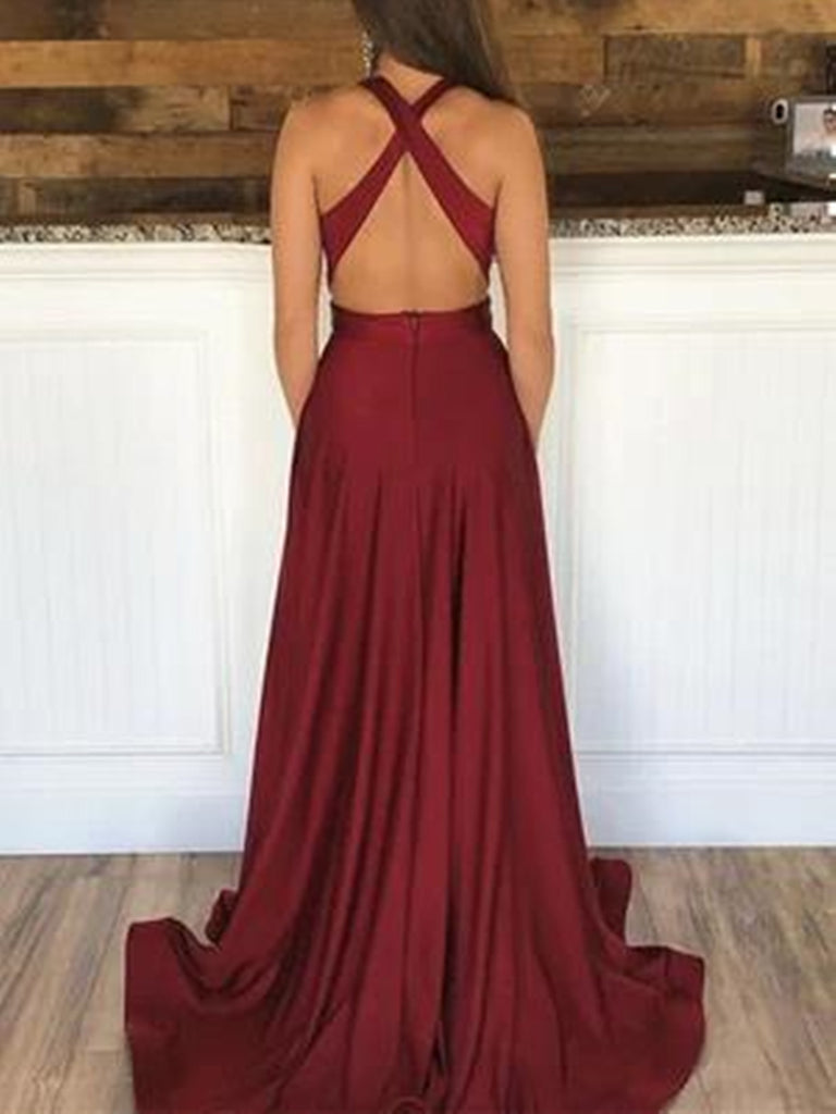 V Neck Backless Burgundy Prom Dresses With Leg Slit, Wine Red Backless morievent V Neck Backless Burgundy Prom Dresses With Leg Slit, Wine Red Backless morievent