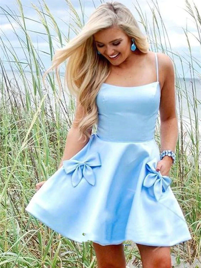 Light blue satin homecoming dress hot sale