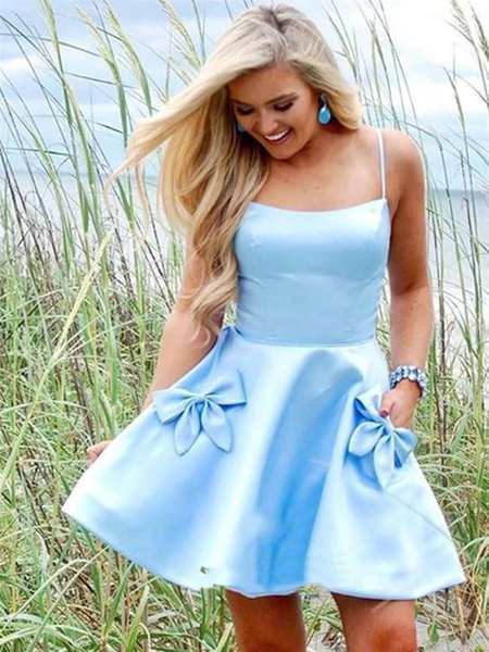 Cute Short Light Blue Satin Prom Homecoming Dresses with Pocket， Short Blue Satin Formal Graduation Dresses