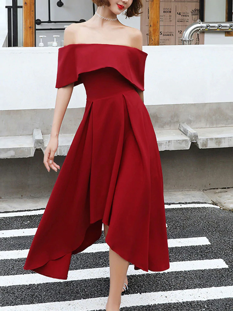 Off The Shoulder High Low Burgundy Tea Length Prom Dresses, Off Should morievent Off The Shoulder High Low Burgundy Tea Length Prom Dresses, Off Should morievent