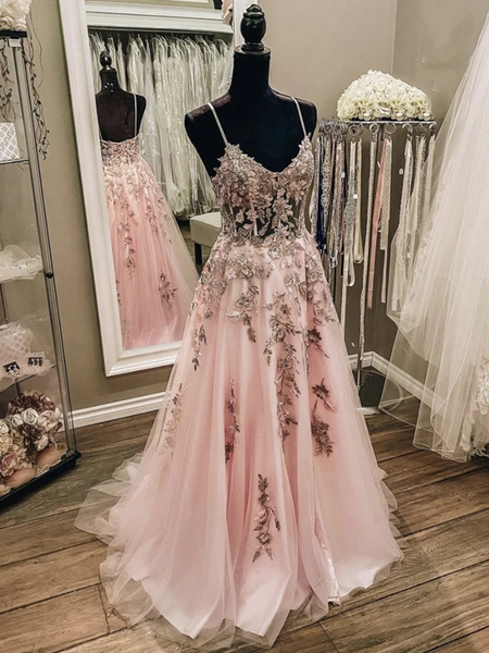 V Neck Pink Champagne Floral Lace Long Prom Dresses, Pink Champagne Lace Formal Evening Dresses