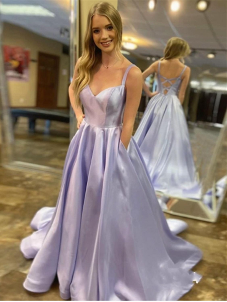 V Neck Light Purple Open Back Satin Long Prom Dresses With Pockets, Li morievent V Neck Light Purple Open Back Satin Long Prom Dresses With Pockets, Li morievent