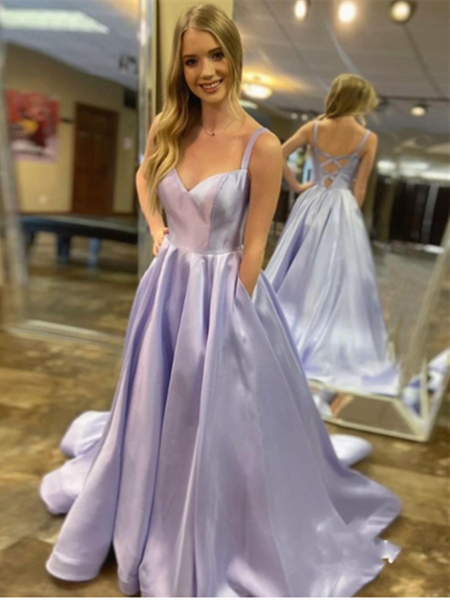 V Neck Light Purple Open Back Satin Long Prom Dresses With Pockets,  Light Purple V Neck Formal Evening Dresses