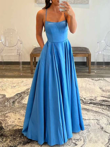 Backless Floor Length Blue Satin Long Prom Dress with Pocket, Backless Blue Formal Graduation Evening Dress