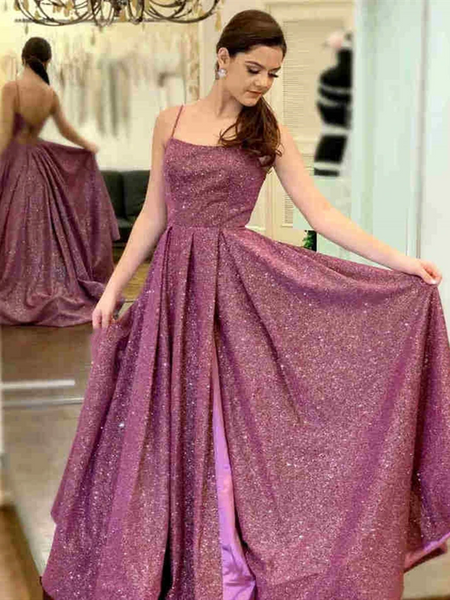 Shiny Backless  Purple Long Prom Dresses, Purple Long Formal Evening Dresses