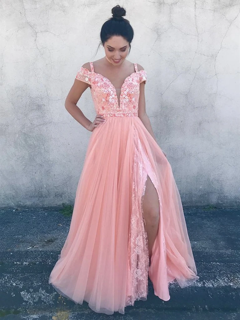 Off the Shoulder Pink Lace Prom Dresses, Off Shoulder Pink Tulle