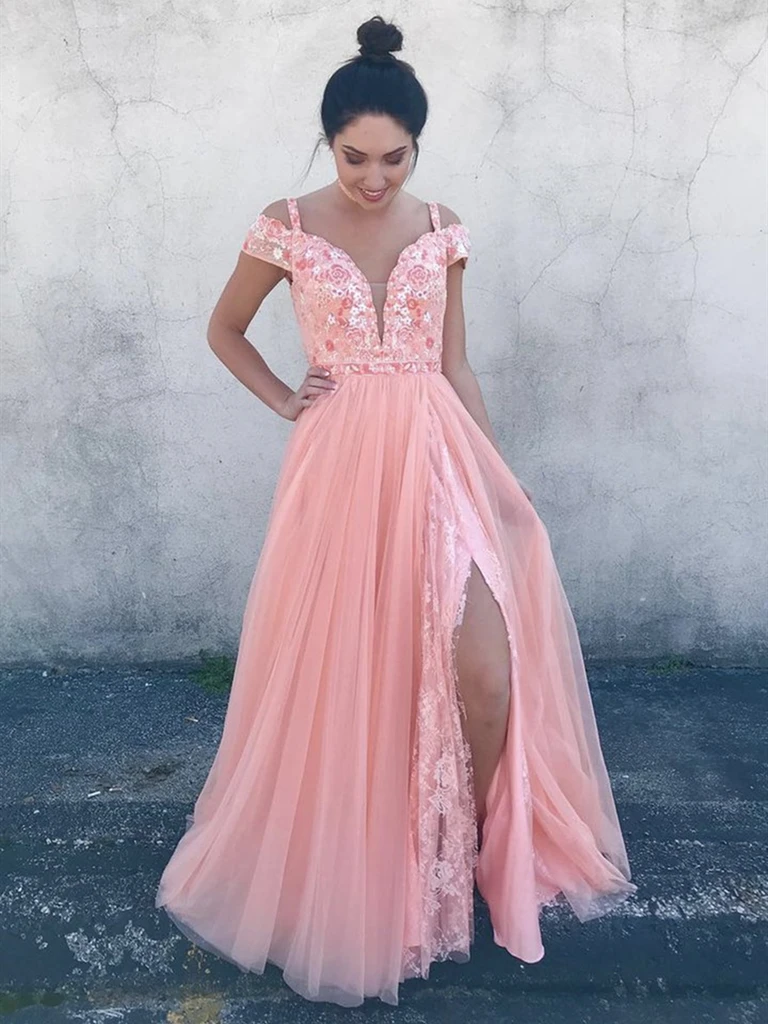 Pink floral sales lace prom dress