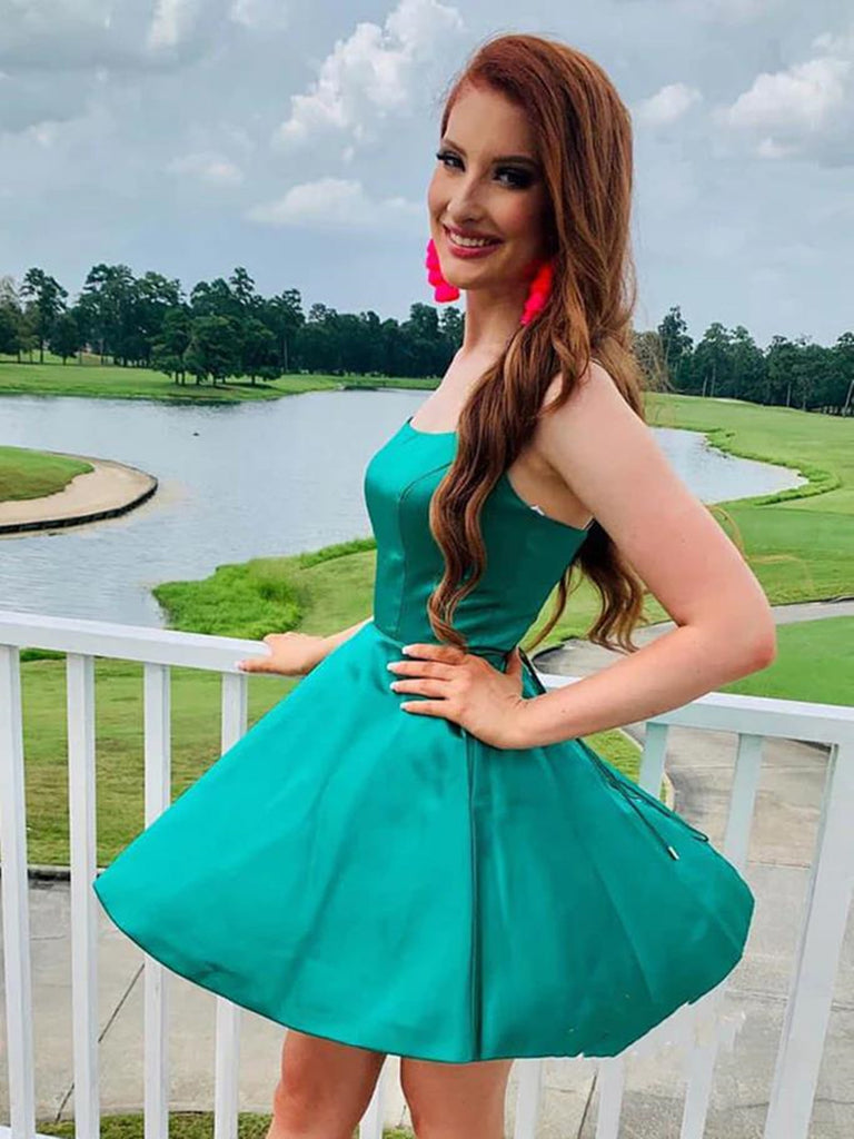 Simple A Line Spaghetti Straps Green Satin Short Prom Homecoming Dress morievent Simple A Line Spaghetti Straps Green Satin Short Prom Homecoming Dress morievent