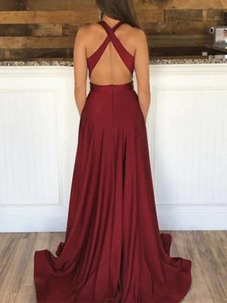 V Neck Backless Burgundy Prom Dresses With Leg Slit, Wine Red Backless V Neck Formal Evening Graduation Dresses