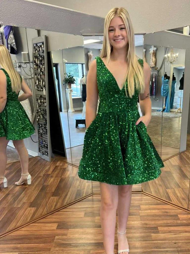 Shiny V Neck Short Green Prom Dresses, Short Green Formal Homecoming Dresses