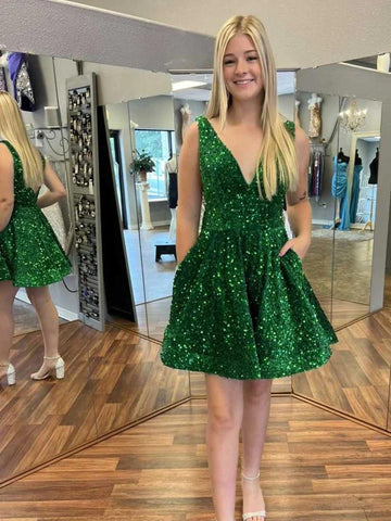 Shiny V Neck Short Green Prom Dresses, Short Green Formal Homecoming Dresses