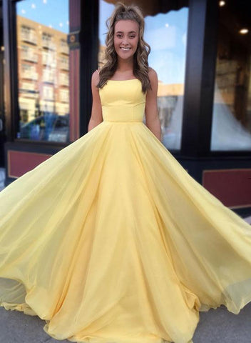 A Line Yellow  Long Prom Dresses With Spaghetti Straps,Yellow Chiffon Formal Dresses, Yellow Sweep Train Evening Dresses