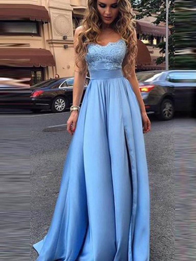 A Line Blue Lace Sleeveless Prom Long Dresses, Blue Lace Formal Dresses, Blue Bridesmaid Dresses