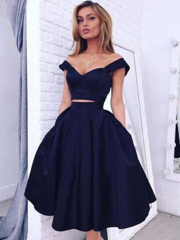 A line off shoulder navy blue short prom dresses, Off shoulder short homecoming dresses