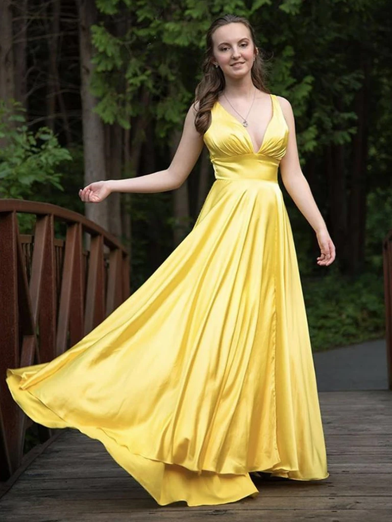 V Neck Backless Yellow Satin Long Prom Dresses, A Line Open Back Yellow Long Formal Evening Graduation Dresses