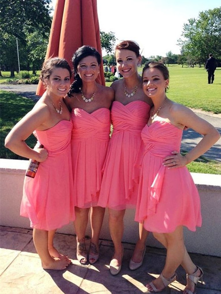  Sweetheart Neck Short Coral Bridesmaid Dresses, Short  Graduation Dress/Homecoming Dresses, Simple  Short Coral Prom Dresses