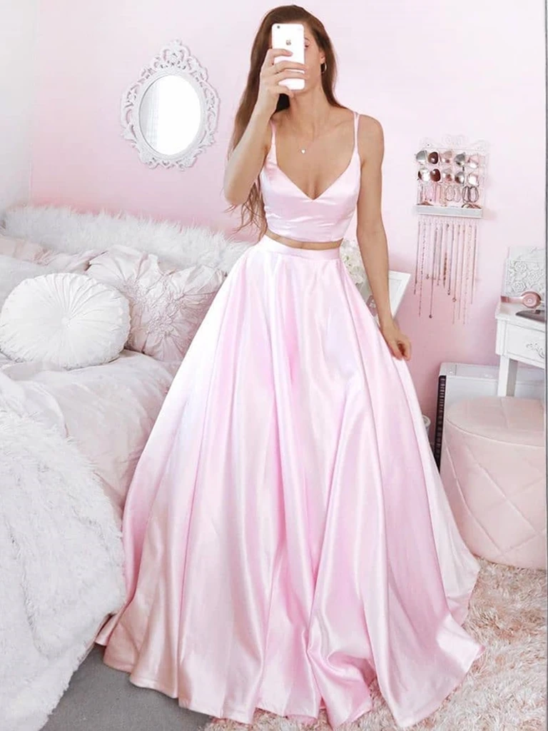 V Neck Two Pieces Pink Satin Long Prom Dresses, 2 Pieces Pink Formal Evening Dresses