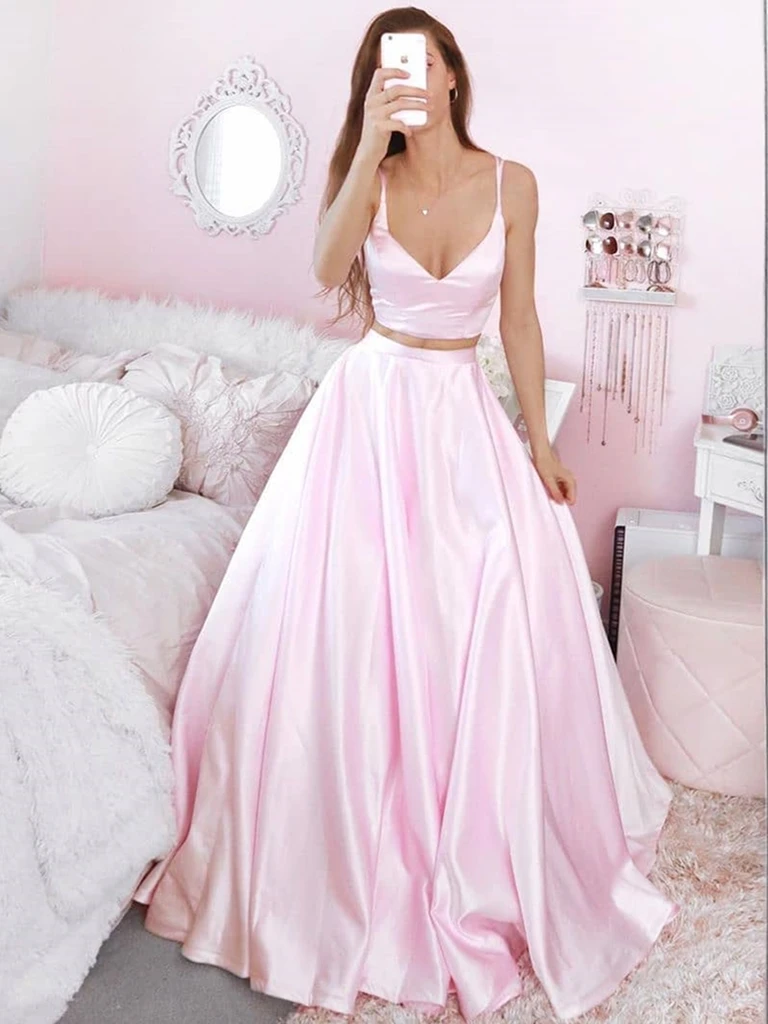 pink prom dress two piece Two Piece Floor-length Pink Chiffon Long Sleeves Split-side Prom Dress US16 / Custom Color