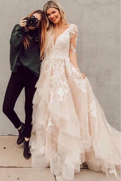 A Line Champagne Long Sleeves  Lace Wedding Dresses, Champagne Lace Prom Dresses, Lace Evening Dresses