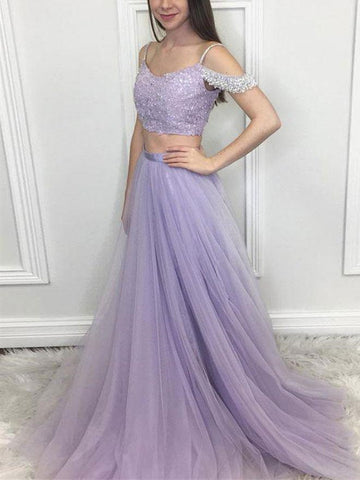 Purple Tulle Lace 2 Pieces Long Prom Dress, Two Pieces Lace Formal Evening Dress