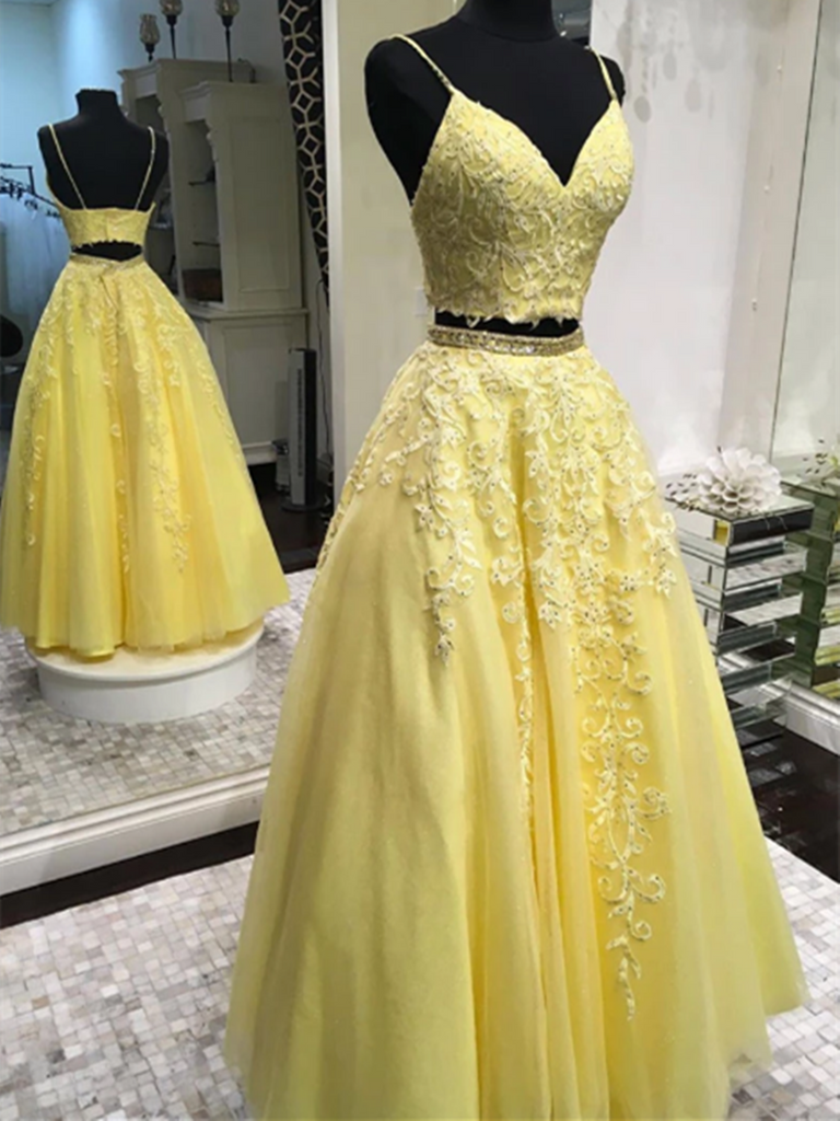 V Neck 2 Pieces Yellow Tulle Lace Long Prom Dresses, Two Pieces Evening Dresses