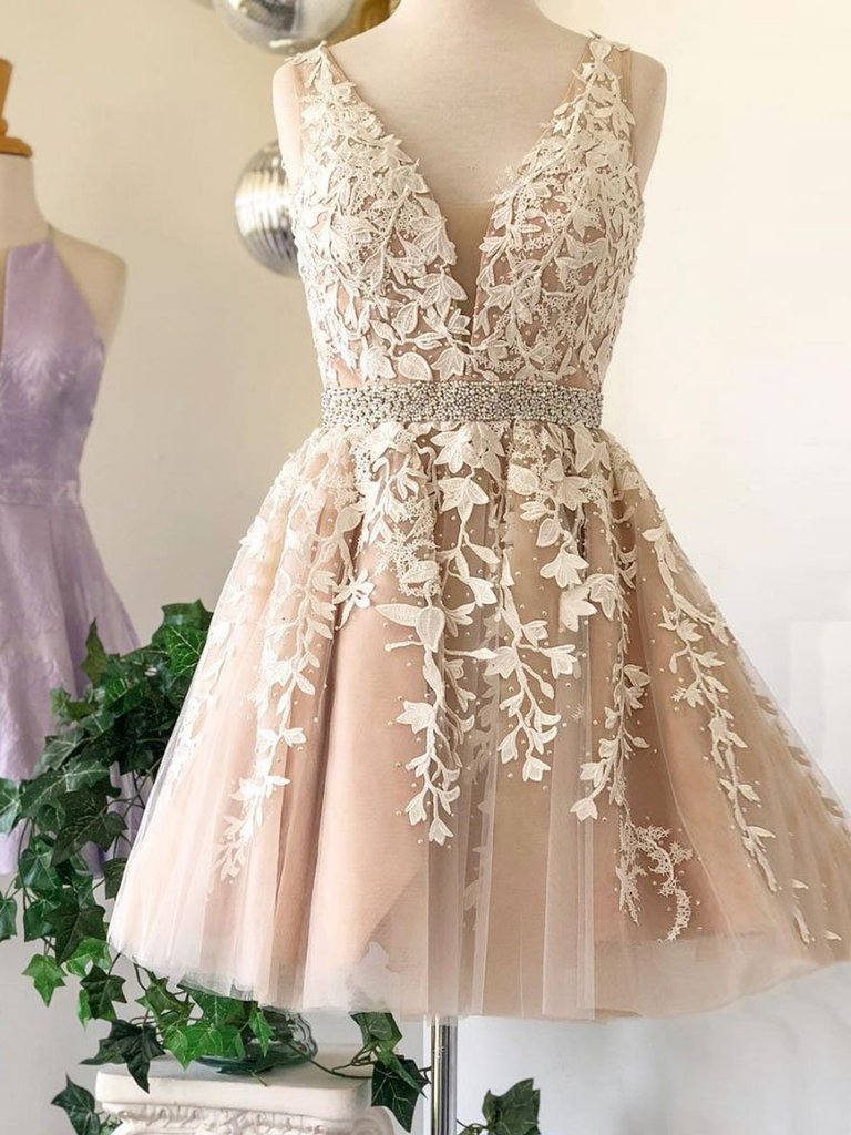 A Line V Neck Short Champagne Lace Prom Dresses, Short V Neck Champagn – morievent