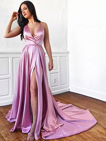 Pink v neck satin long prom dress, Pink v neck satin high slit formal evening dress