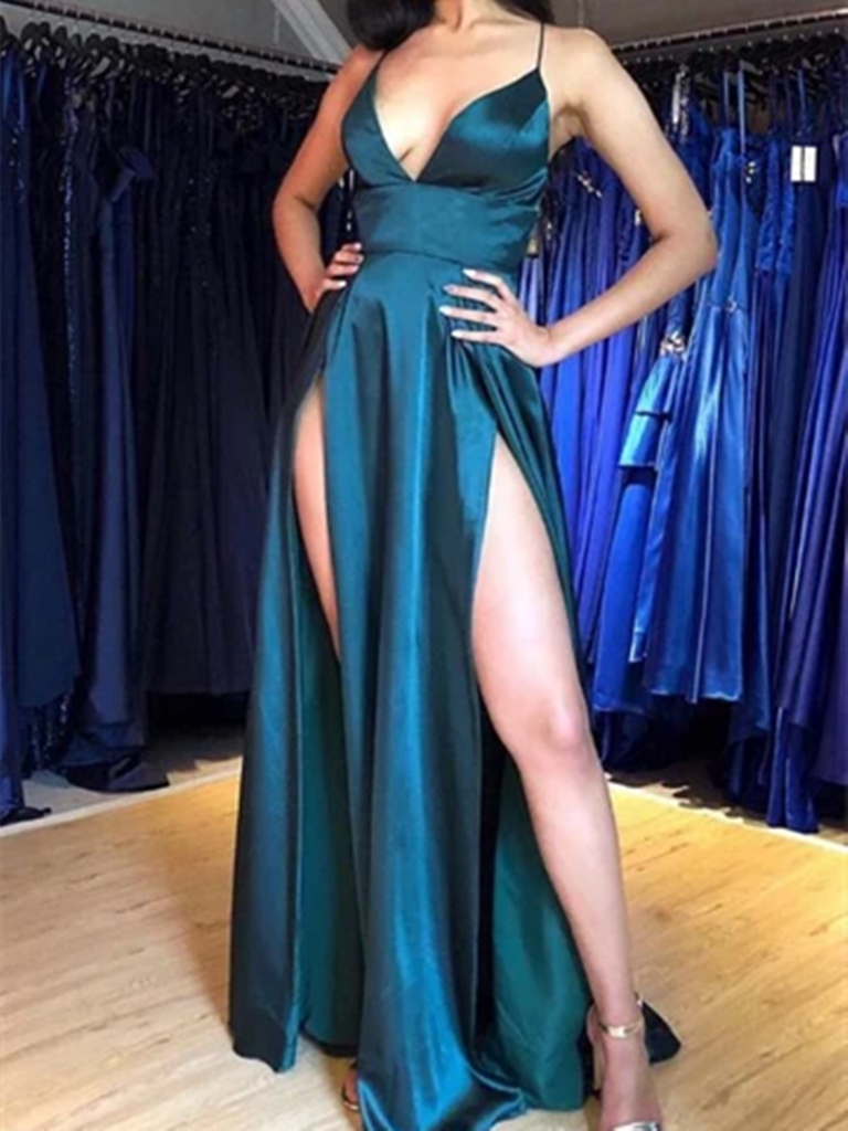 Sexy V Neck Blue Satin Long Prom Dresses With Slit Wedding Party