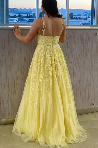 A Line V Neck Backless Yellow Lace Long Prom Dresses, Yellow Lace Formal Graduation Evening Dresses