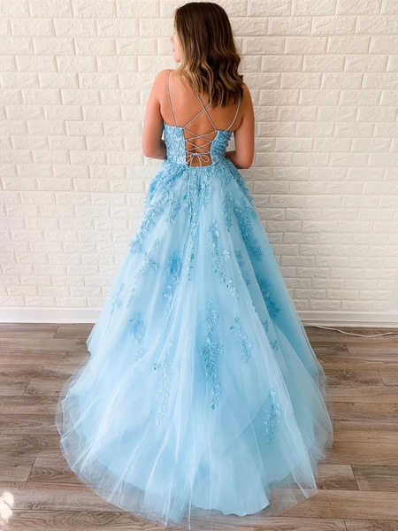 A Line Blue Backless Tulle Lace Long Prom Dresses, Open Back  Blue Lace Formal Evening Dresses