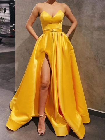 Sweetheart Neck Yellow Satin Long Prom Dresses With High Leg Slit, Yellow Satin Long Formal Evening Graduation Dresses