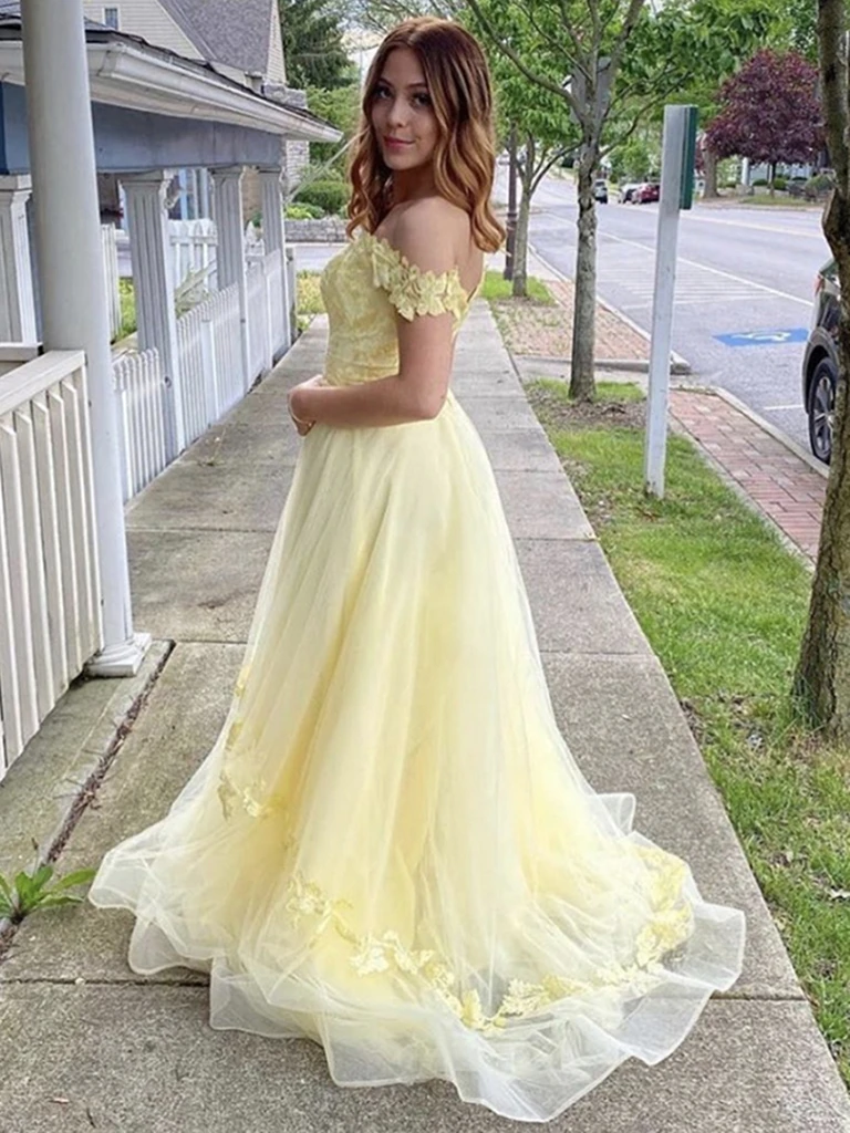 Yellow Off The Shoulder Tulle Flower Prom Dress Yellow Off The Shoulder Tulle Flower Prom Dress