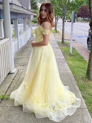Yellow Off Shoulder Floral Tulle Long Prom Dresses, Yellow Off The Shoulder Floral Long Formal Evening Graduation Dresses