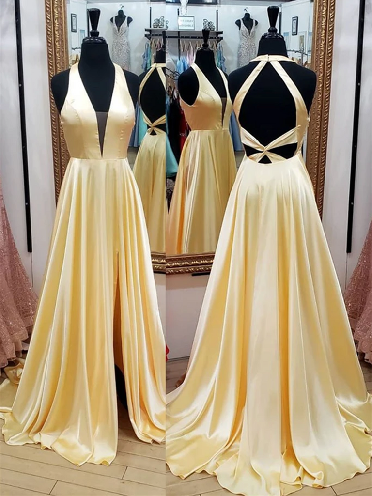 Simple V Neck Yellow Backless Satin Long Prom Dresses, Simple V Neck Yellow Backless Satin Long Formal Evening Dresses