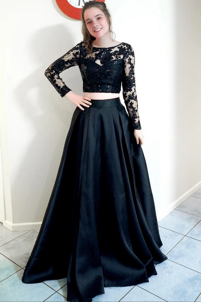 Round Neck  Two Pieces Long Sleeves Black Lace Long Prom Dresses, 2 Pieces Black Lace Long Formal Evening  Dresses