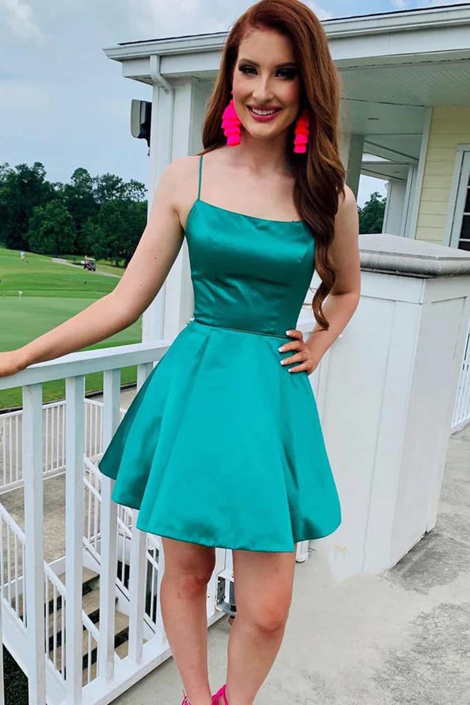 Simple A Line Spaghetti Straps Green Satin Short Prom Homecoming Dress morievent Simple A Line Spaghetti Straps Green Satin Short Prom Homecoming Dress morievent