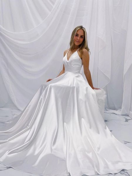 Simple V Neck White Satin Long Prom Dresses, White Satin Backles Long Formal Evening Dresses