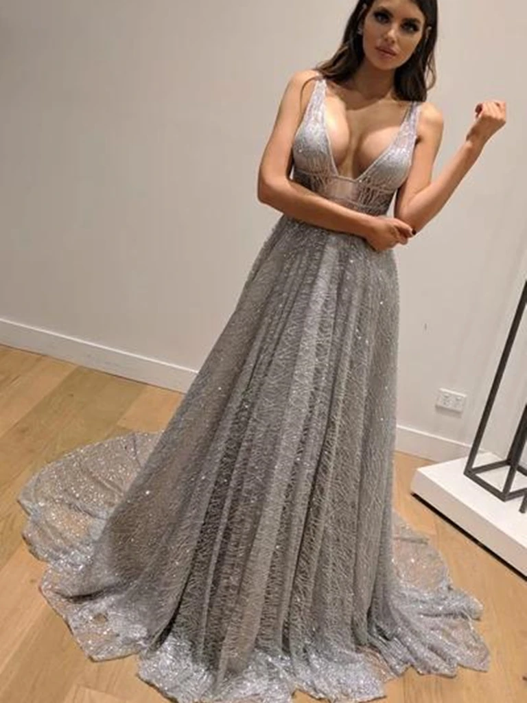 Shiny V Neck Backless Silver Grey Long Prom Dresses, Silver Grey Backl morievent Shiny V Neck Backless Silver Grey Long Prom Dresses, Silver Grey Backl morievent