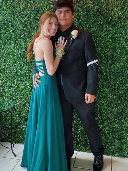 A Line V Neck Green Lace Chiffon Long Prom Dresses, Open Back Green Formal Graduation Evening Dresses, Green Lace Bridesmaid Dresses