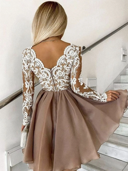Long Sleeves Champagne Lace Short Prom Dresses, Short Champagne Lace Formal Graduation Evening Dresses